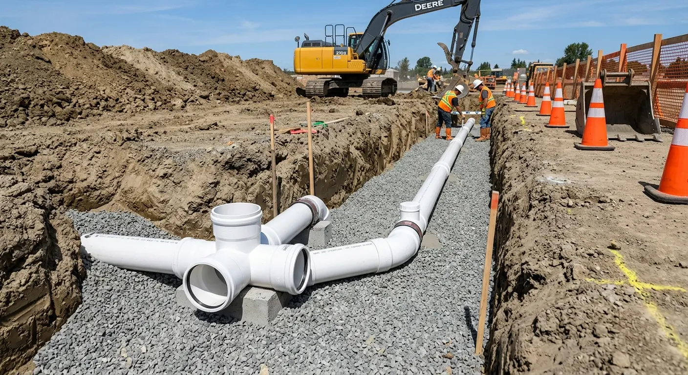 New PVC sewer pipe installation in open trench for Commercial Drain Cleaning in Robstown