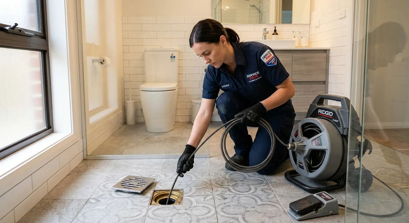 Technician clearing a bathroom floor drain for Hydro Jetting in Robstown